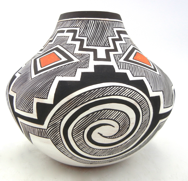 Laguna handmade and hand painted polychrome tularosa and weather pattern jar by Myron Sarracino