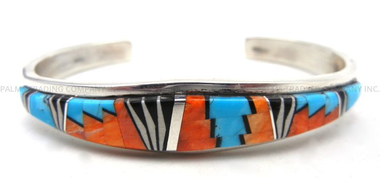 Navajo multi-stone and sterling silver geometric inlay cuff bracelet by Melissa Willie