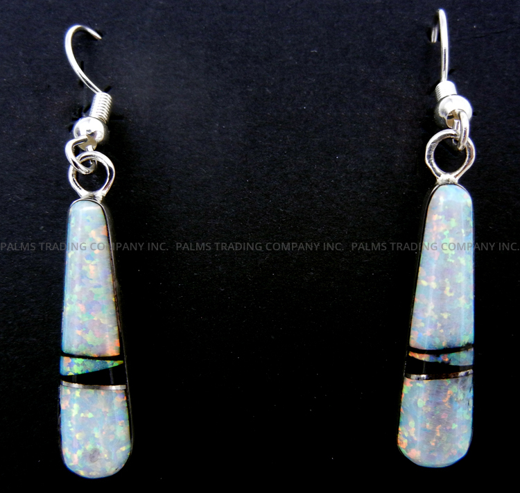 Navajo white lab opal, jet and sterling silver inlay dangle earrings by Michelle Willie