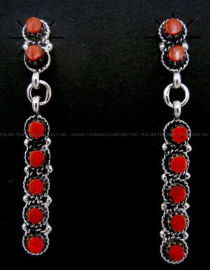 Zuni coral and sterling silver post dangle drop earrings