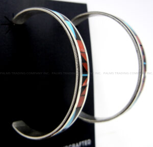 Zuni Large Multi-Stone Inlay and Sterling Silver Hoop Earrings - Image 3