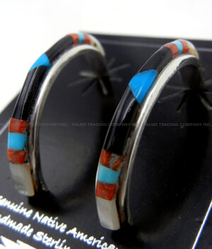 Zuni Jeanette Chavez Small Multi-Stone Inlay and Sterling Silver Half Hoop Earrings - Image 3