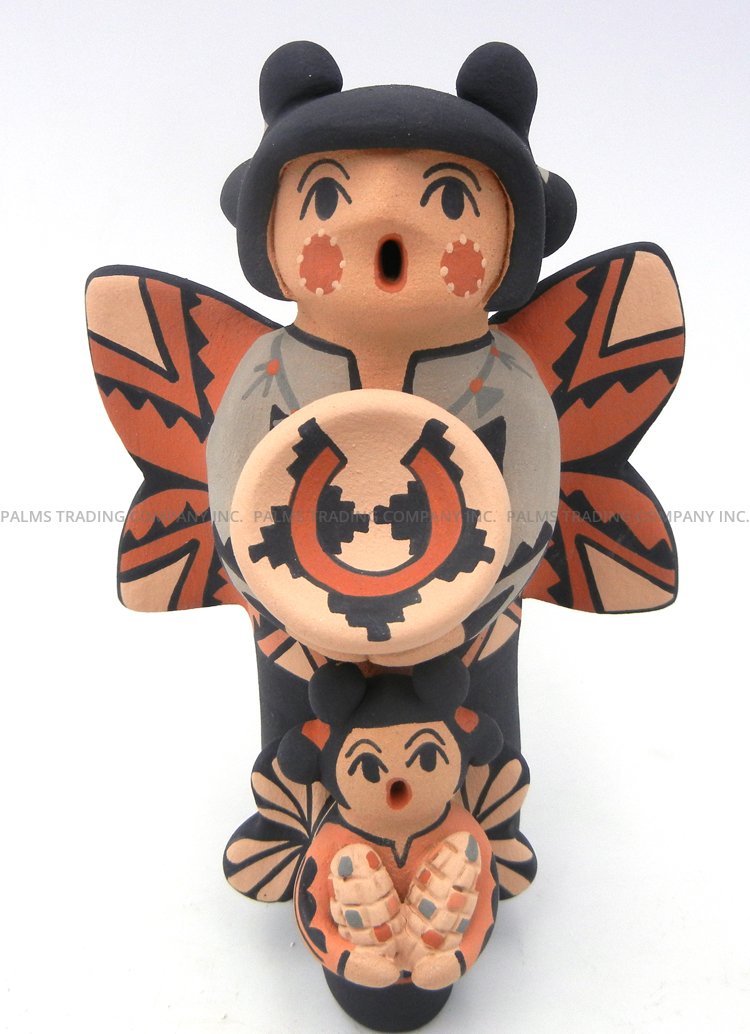 Jemez handmade and hand painted standing butterfly storyteller figurine with one child by Chrislyn Fragua