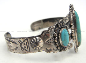 Navajo Vintage "Bell" Manufacturing Three Stone Turquoise and Sterling Silver Cuff Bracelet, Circa 1960s - Image 3