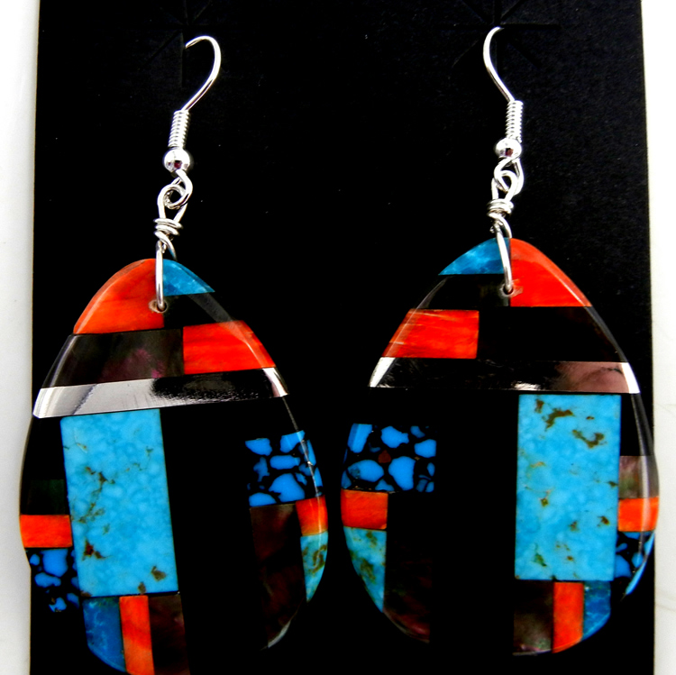 Santo Domingo multi-stone and sterling silver wide tear drop slab dangle earrings by Daniel Coriz