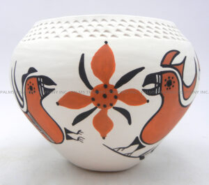 Acoma Beverly Garcia Handmade and Hand Painted Polychrome Parrot and Floral Design Jar with Corrugated Rim - Image 3