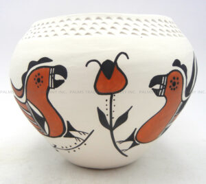 Acoma Beverly Garcia Handmade and Hand Painted Polychrome Parrot and Floral Design Jar with Corrugated Rim - Image 5