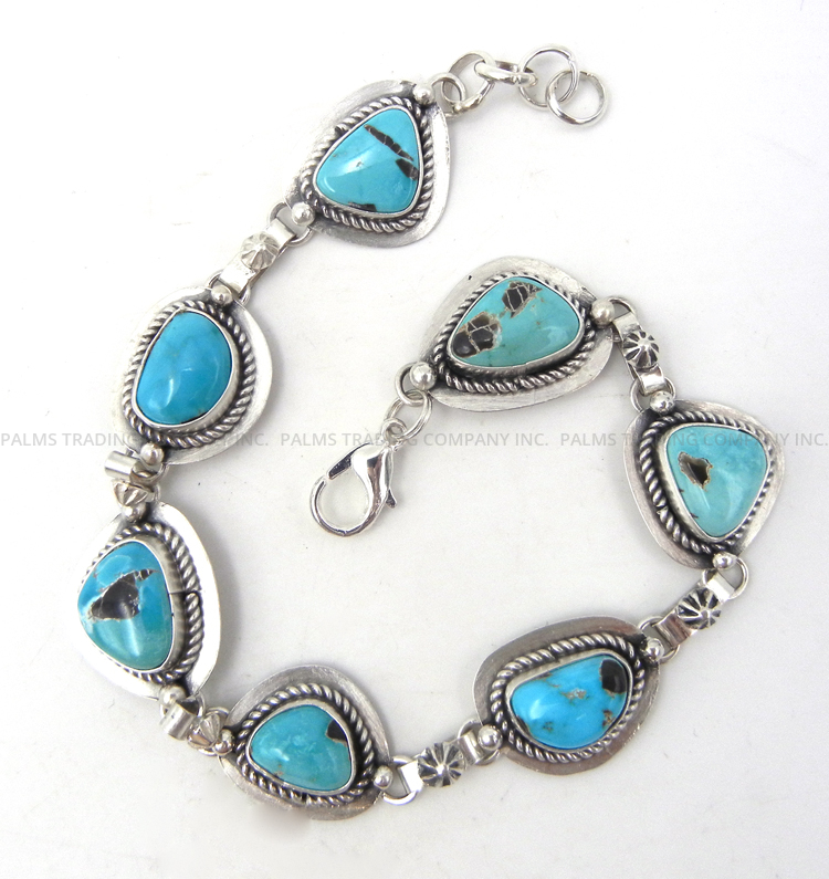 Navajo seven stone turquoise and sterling silver link bracelet