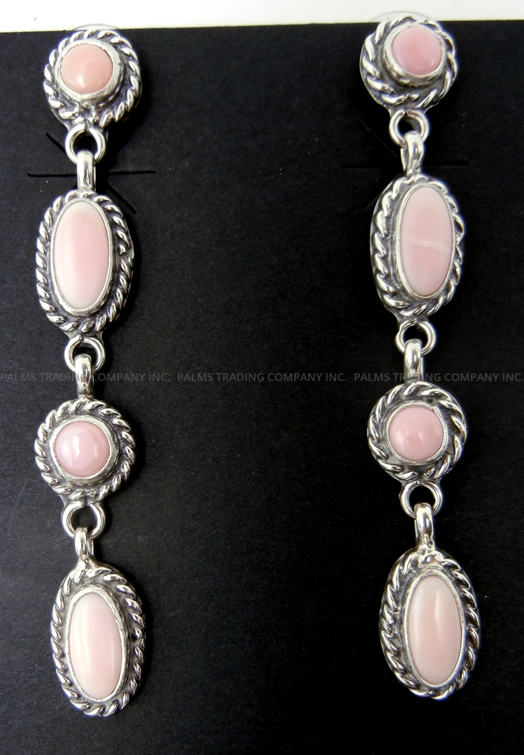 Navajo four stone pink conch and sterling silver post dangle earrings