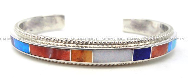 Zuni multi-stone and sterling silver channel inlay cuff bracelet by Ricky Booqua