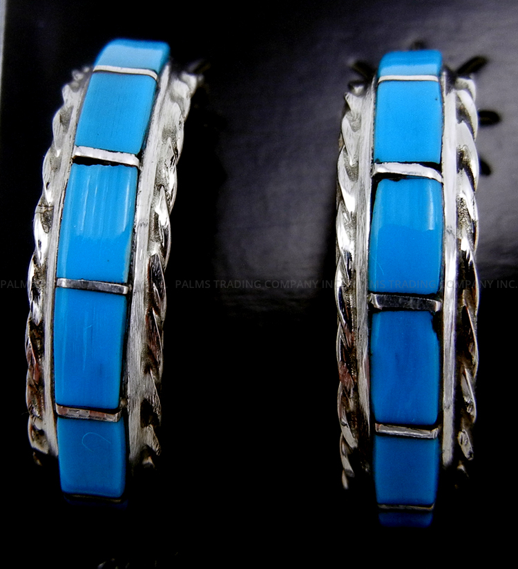 Zuni turquoise and sterling silver channel inlay small half hoop earrings by Malcolm Chavez