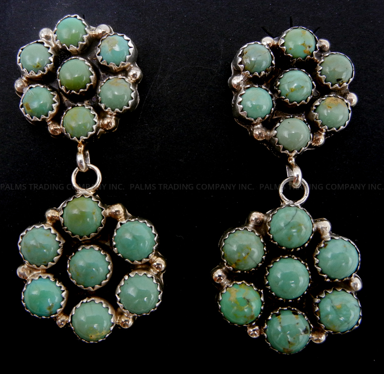 Navajo double green turquoise and sterling silver cluster post dangle earrings