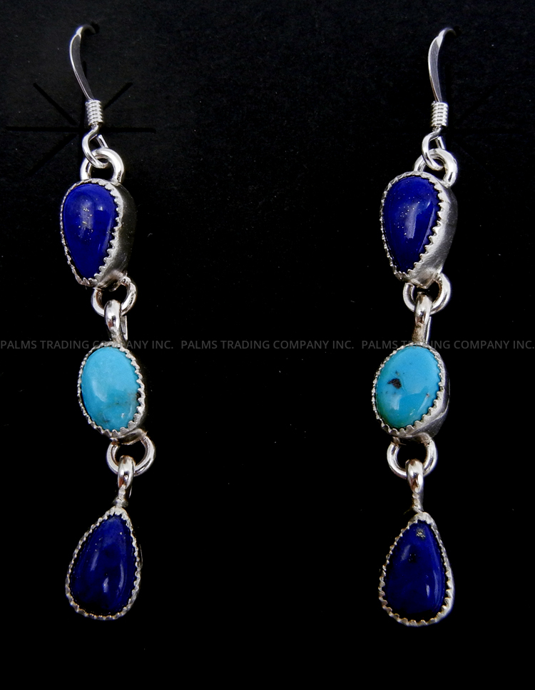 Navajo three stone lapis, turquoise and sterling silver dangle earrings