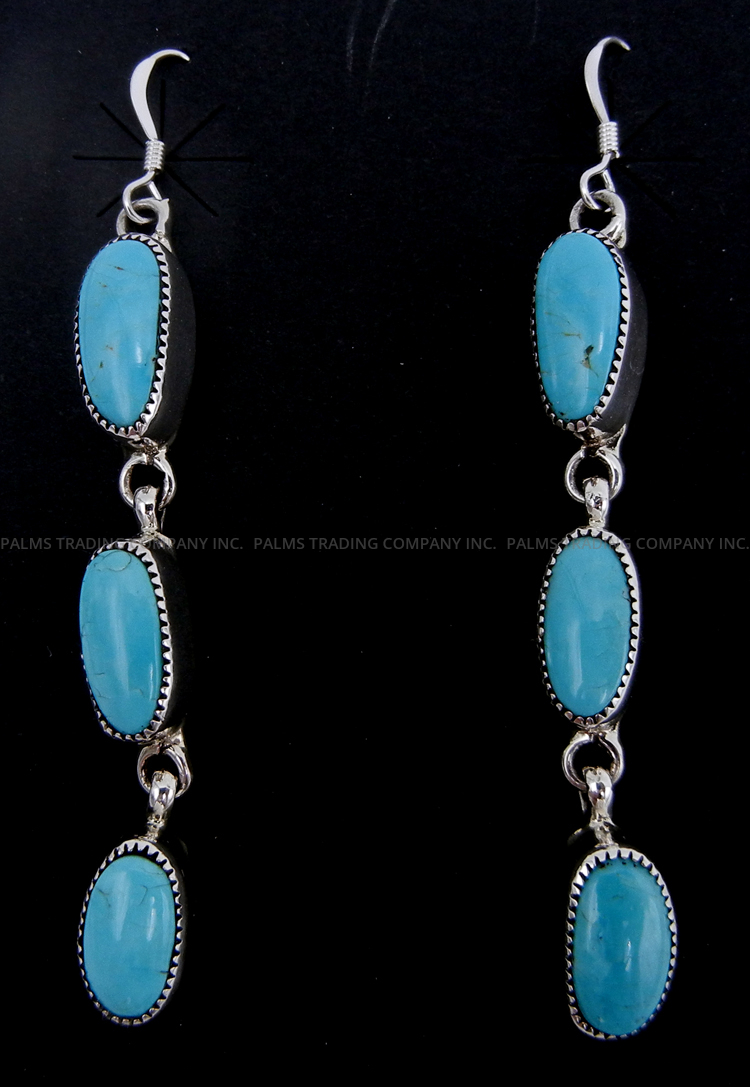 Navajo three stone turquoise and sterling silver dangle earrings