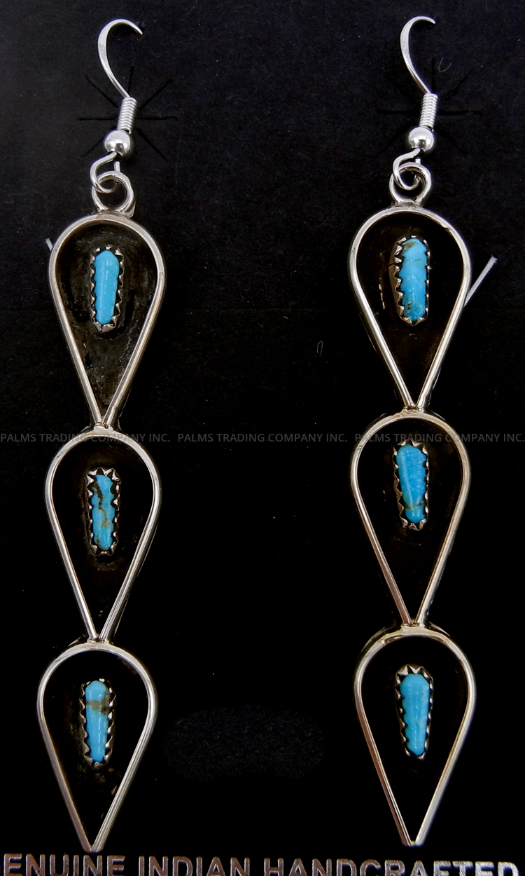 Navajo turquoise and sterling silver triple teardrop dangle earrings by Karlex Becenti