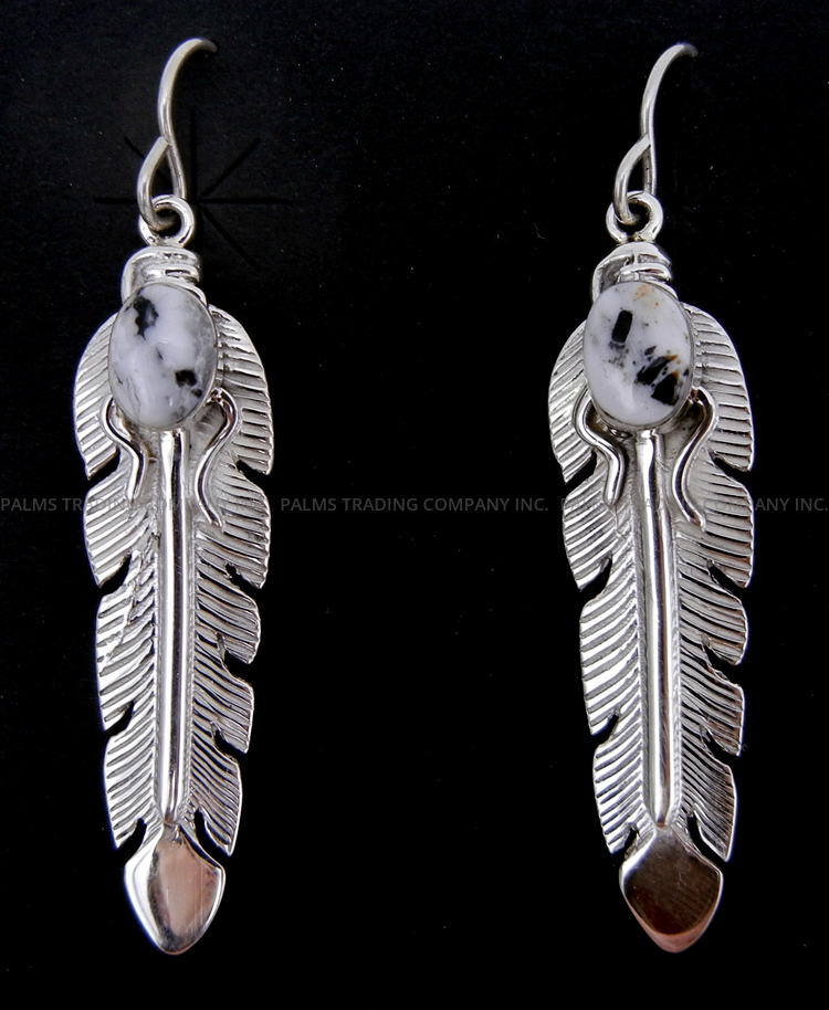 Navajo white buffalo and sterling silver feather dangle earrings