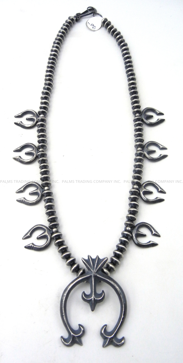 Navajo sandcast sterling silver najas squash blossom necklace