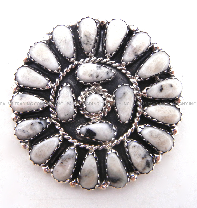 Navajo white buffalo and sterling silver round cluster pin/pendant by Zeita Begay