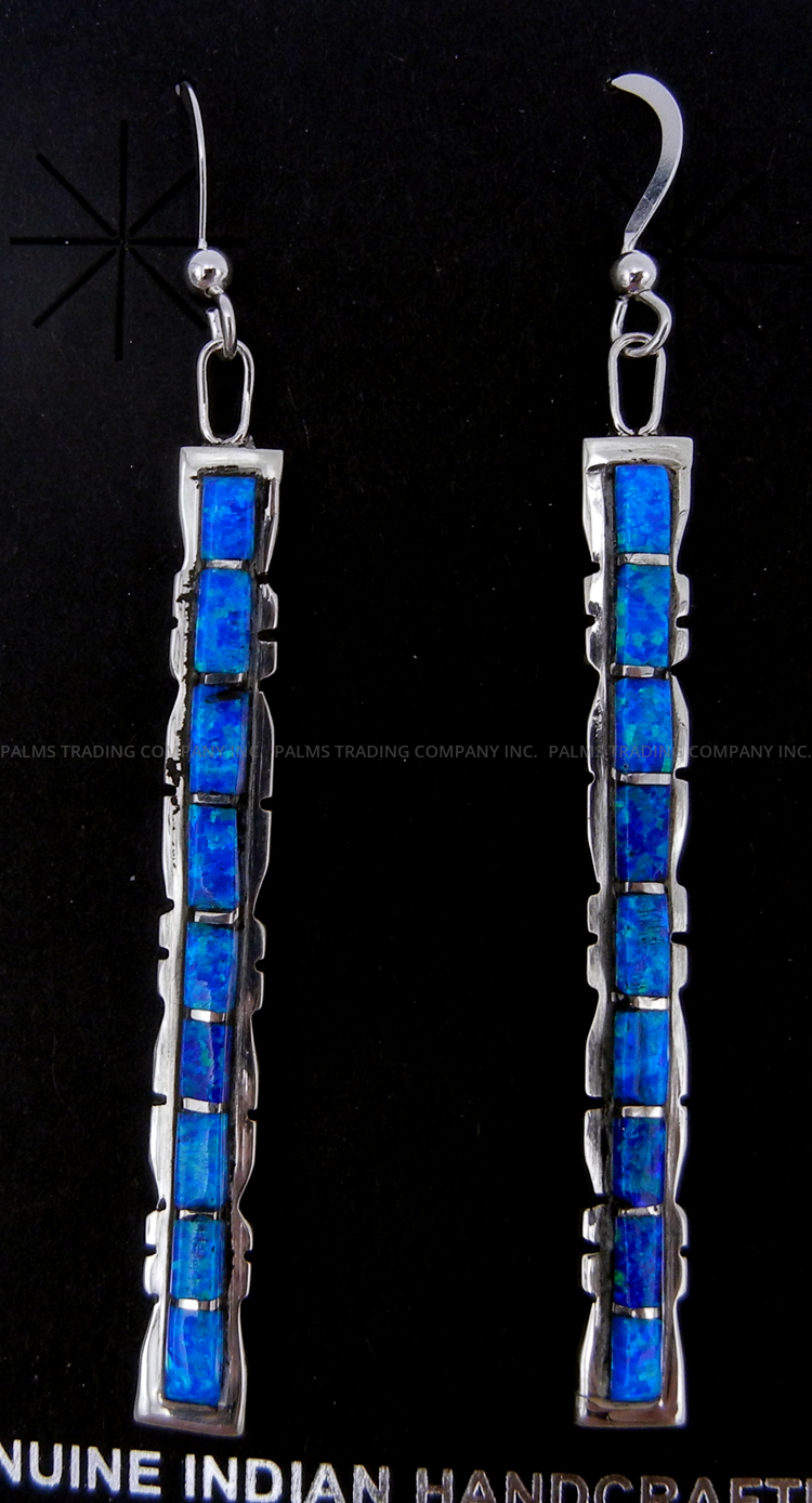 Zuni blue lab opal and sterling silver channel inlay dangle earrings by Sheldon Lalio
