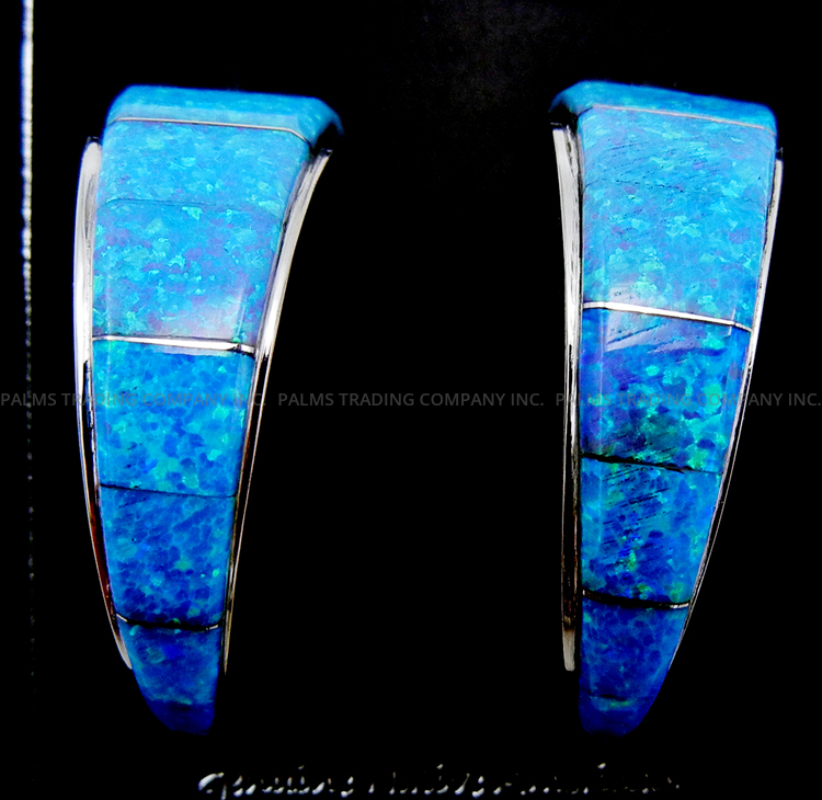 Zuni blue lab opal and sterling silver channel inlay triangular hoop earrings