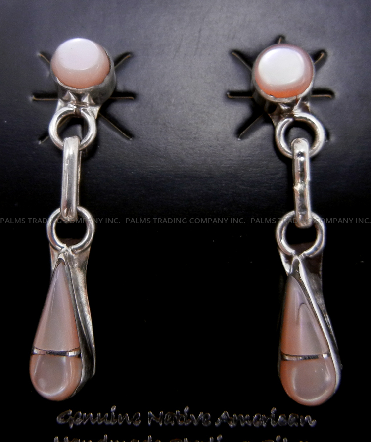 Zuni pink mussel shell and sterling silver small post dangle earrings by Velda Nastacio.
