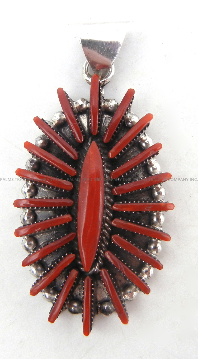 Zuni coral needlepoint and sterling silver pendant by Carla Laconsello