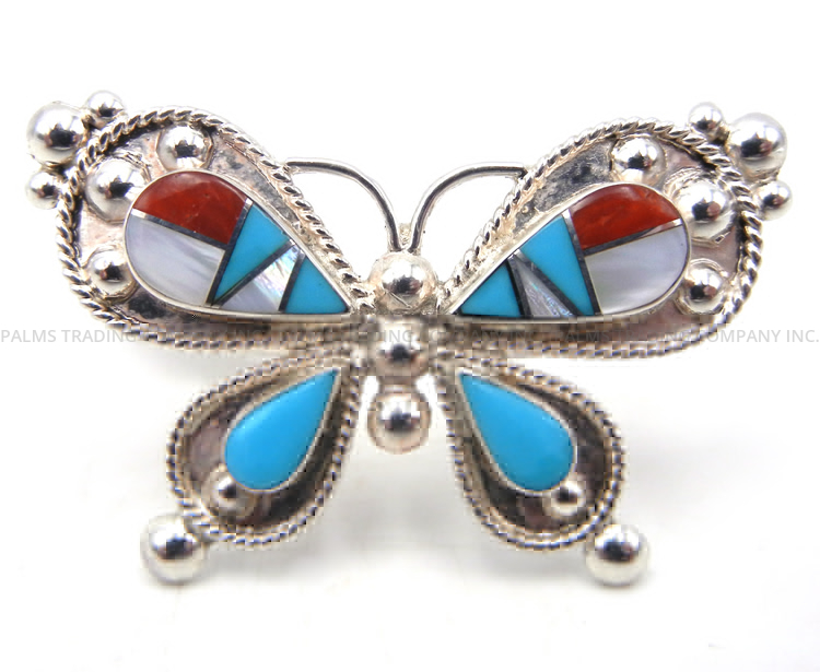 Zuni multi-stone inlay and sterling silver butterfly ring